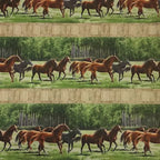 Horses running green pasture rustic fence border stripe fabric for horse-themed quilts and table runners