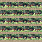Horses running green pasture rustic fence border stripe fabric for horse-themed quilts and table runners