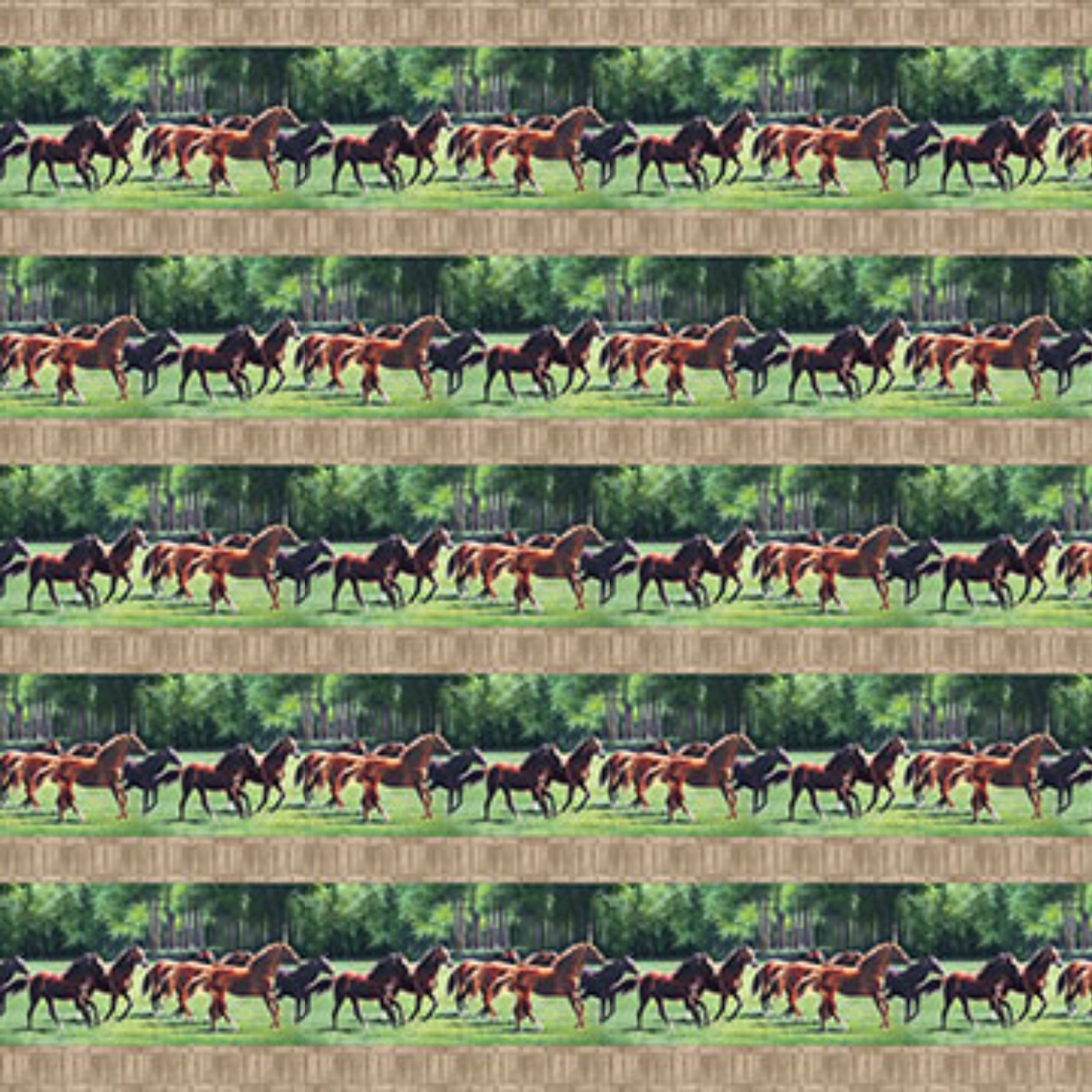 Horses running green pasture rustic fence border stripe fabric for horse-themed quilts and table runners