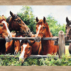 Field of horses rustic fence wooden frame digitally printed panel fabric for horse-themed quilts and wall hangings