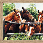Painting horses rustic fence wooden frame digitally printed panel fabric for horse-themed quilts and wall hangings