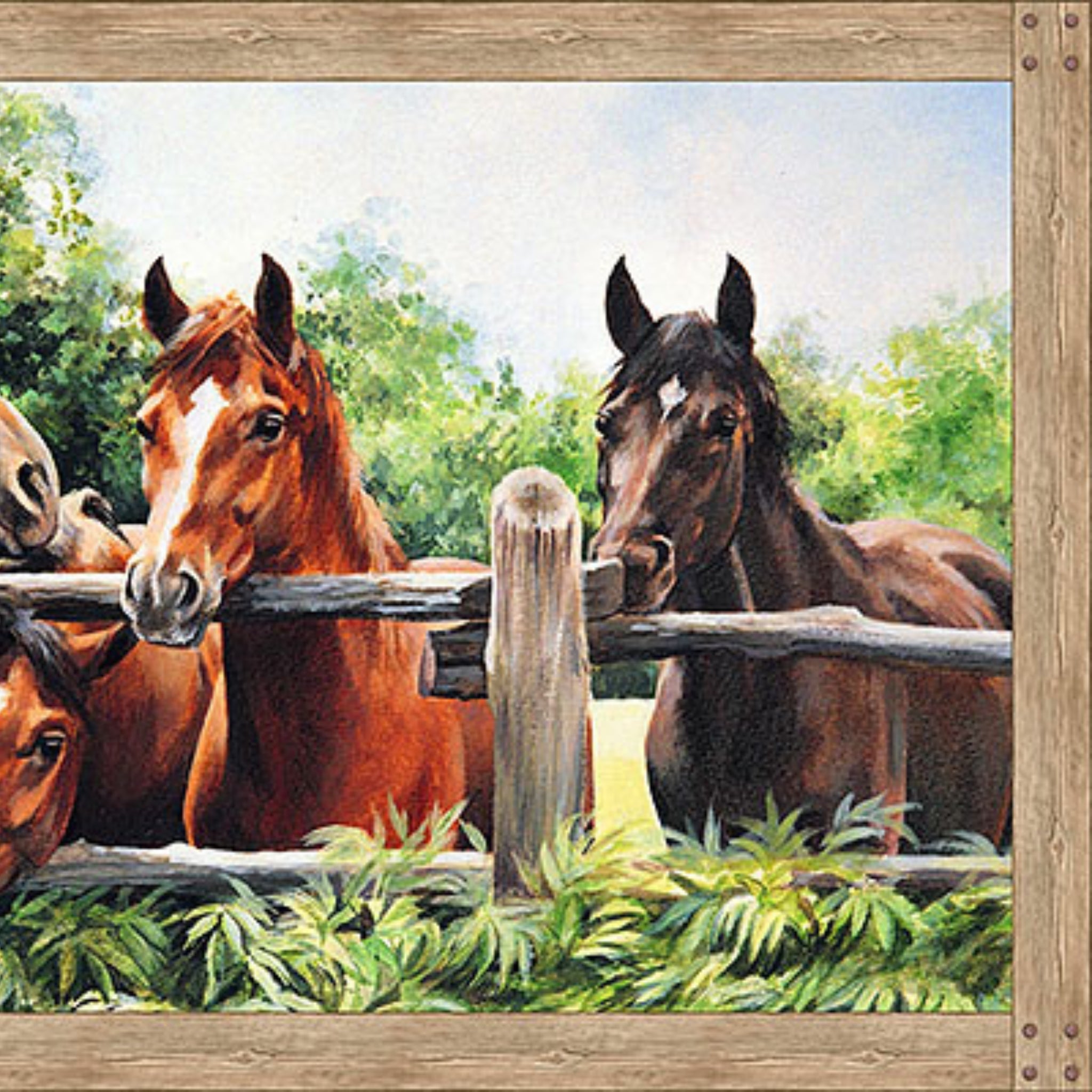 Five horses rustic fence wooden frame digitally printed panel fabric for horse-themed quilts and wall hangings