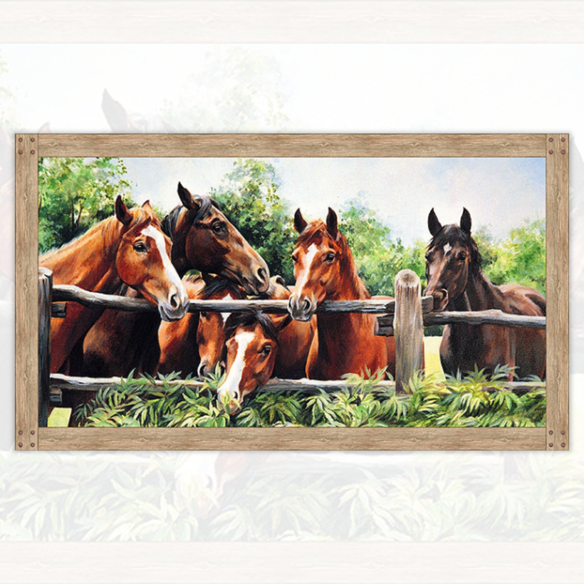 Five horses rustic fence wooden frame digitally printed panel fabric for horse-themed quilts and wall hangings
