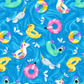 Pool floaties pink flamingo yellow duck bright blue fabric for kids' quilts, beach bags and summer patchwork sewing projects