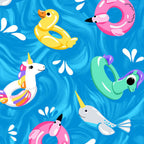 Pool floaties pink flamingo yellow duck bright blue fabric for kids' quilts, beach bags and summer patchwork sewing projects