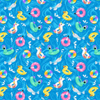 Pool floaties pink flamingo yellow duck bright blue fabric for kids' quilts, beach bags and summer patchwork sewing projects