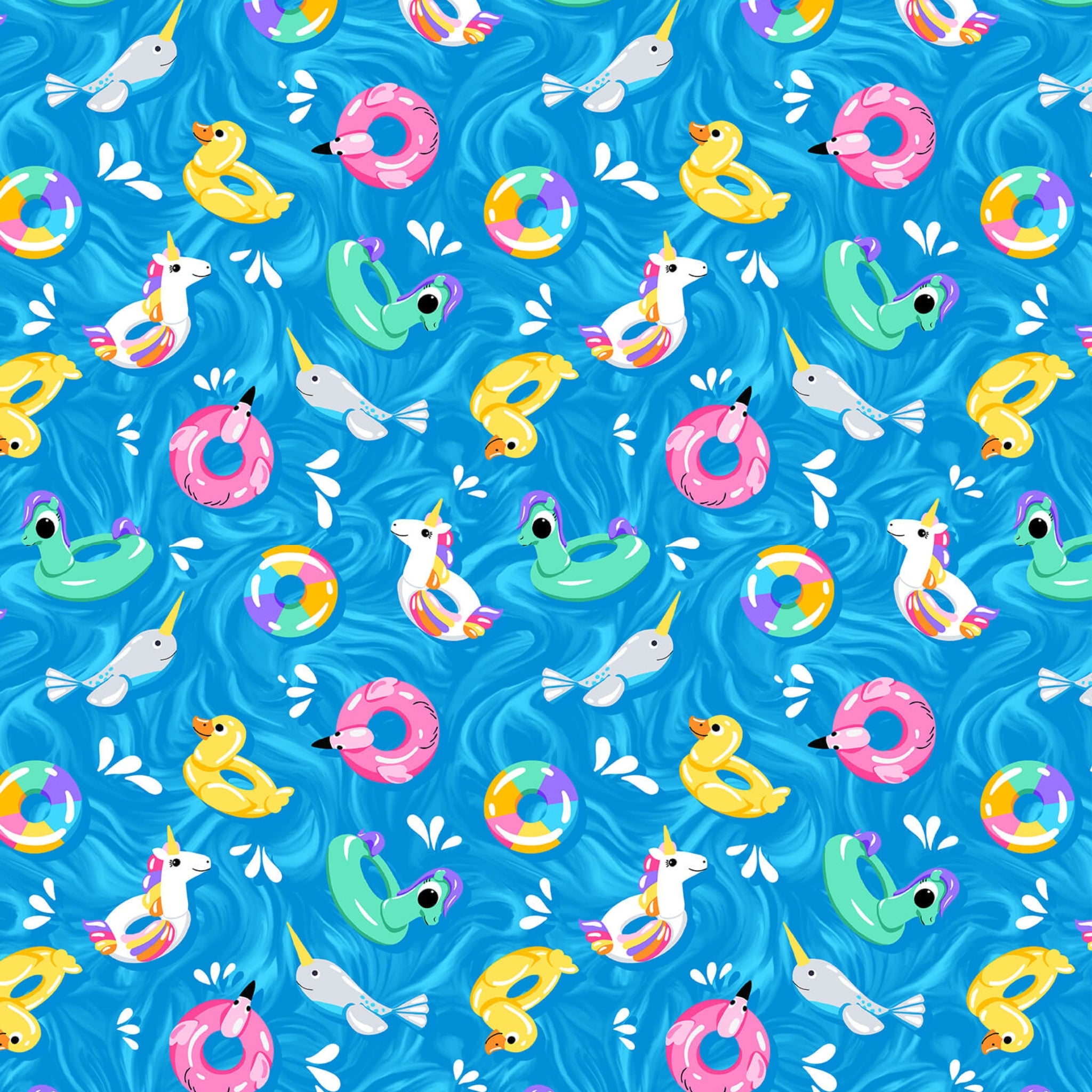 Pool floaties pink flamingo yellow duck bright blue fabric for kids' quilts, beach bags and summer patchwork sewing projects