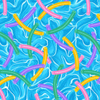 Colourful pool noodles light blue fabric for kids' quilts, beach bags and summer patchwork sewing projects
