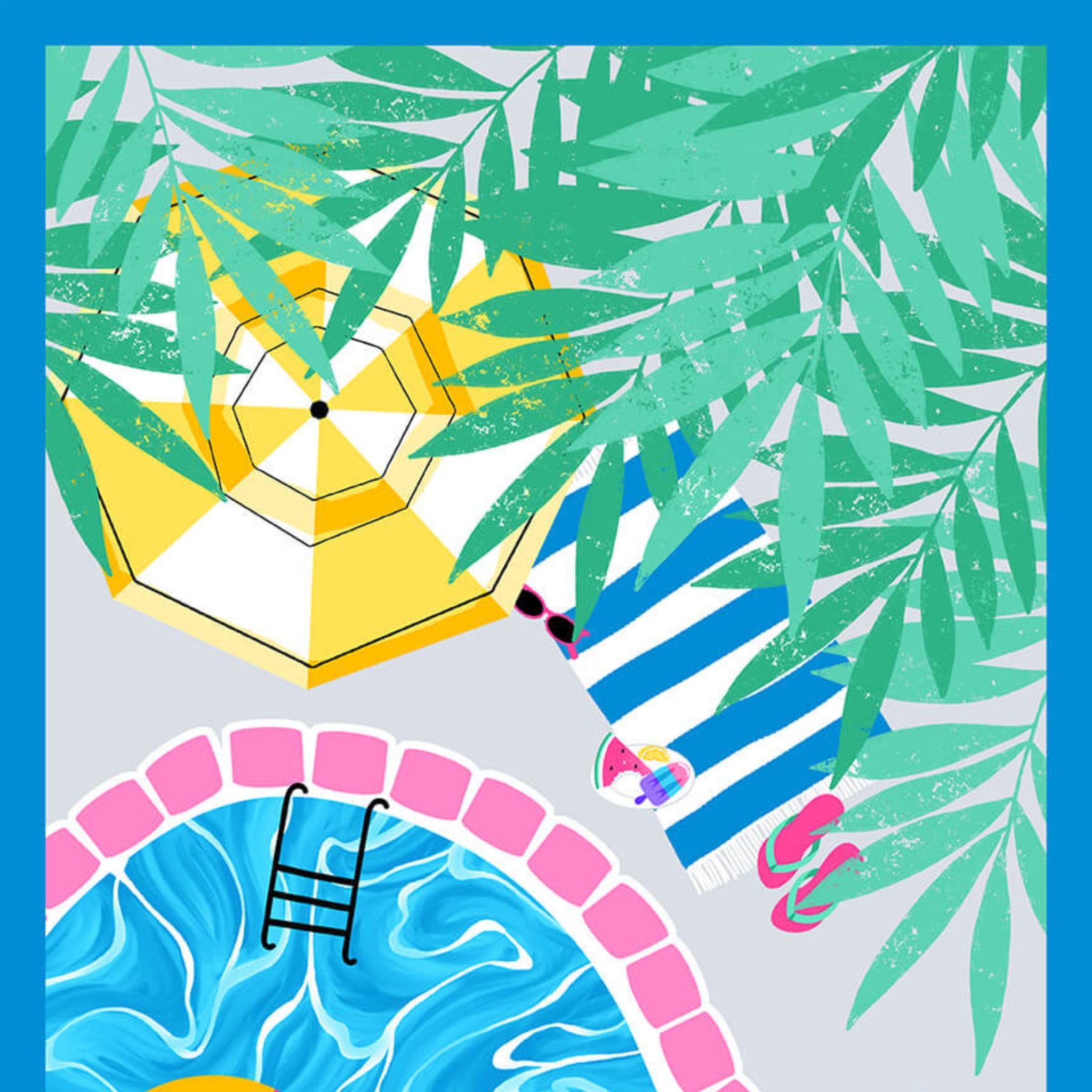 Pool Party panel pink slide blue pool tropical palm leaves for kids' quilts and summer patchwork sewing projects
