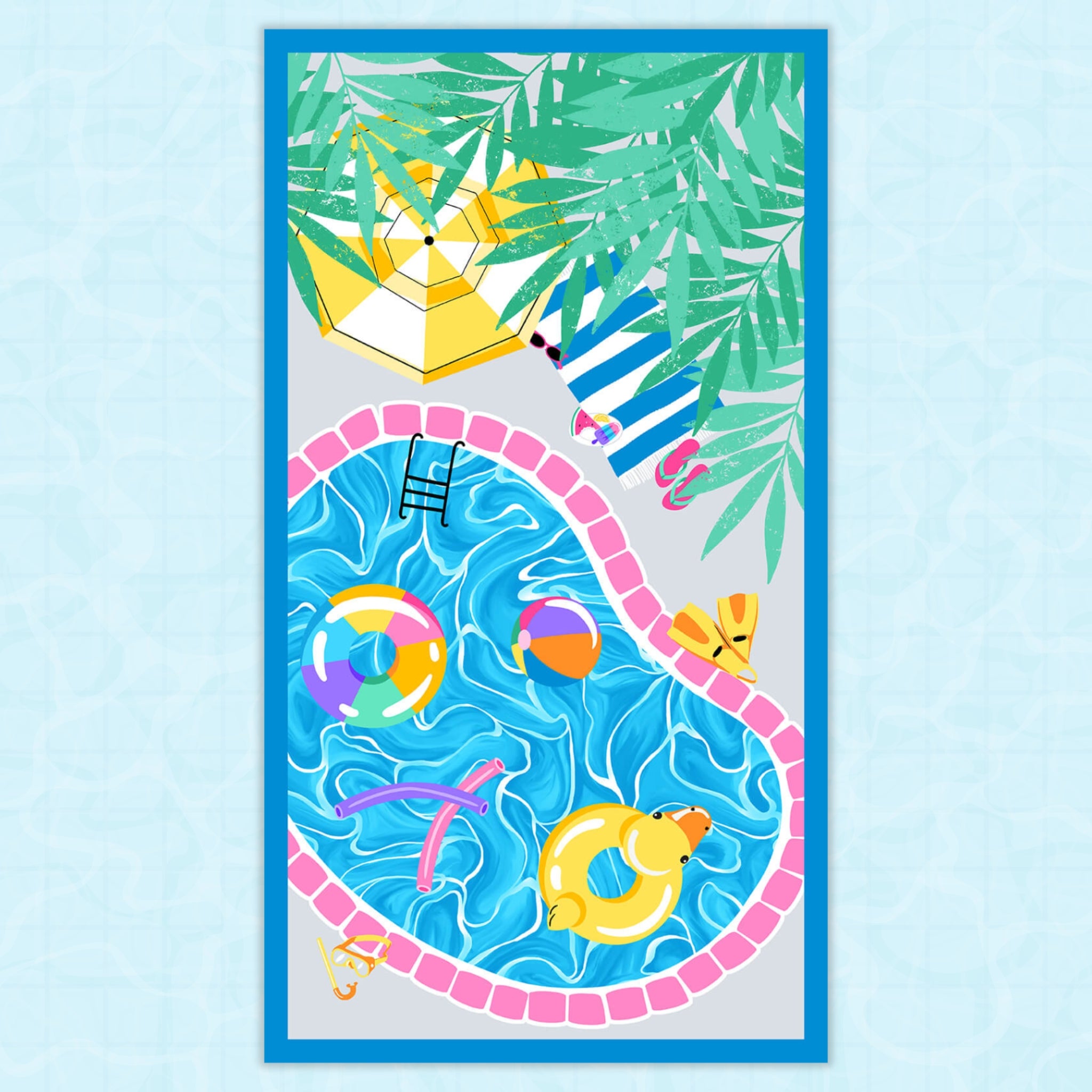 Pool Party panel pink slide blue pool tropical palm leaves for kids' quilts and summer patchwork sewing projects