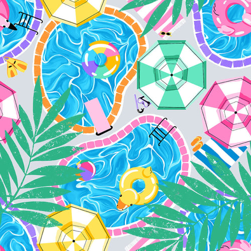 Pool scenic light blue grey fabric with umbrellas palm leaves floaties for kids' quilts and summer patchwork sewing projects