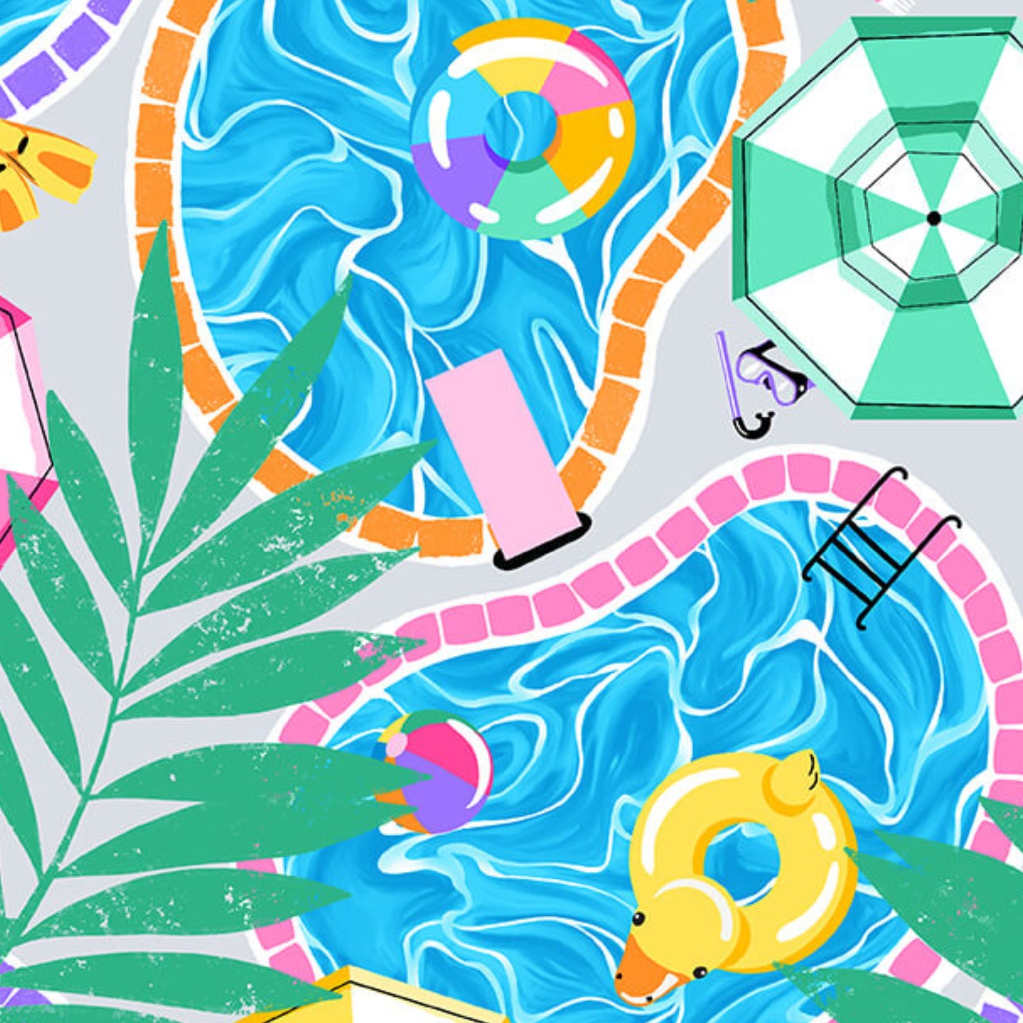 Pool scenic light blue grey fabric with umbrellas palm leaves floaties for kids' quilts and summer patchwork sewing projects