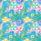 Pool scenic light blue grey fabric with umbrellas palm leaves floaties for kids' quilts and summer patchwork sewing projects