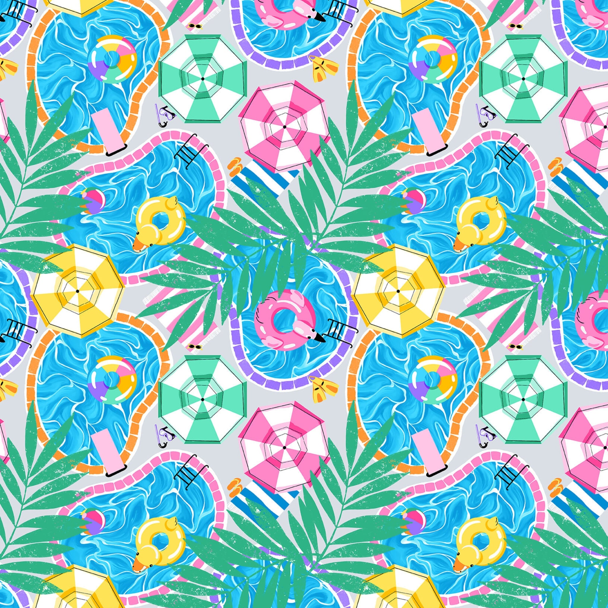 Pool scenic light blue grey fabric with umbrellas palm leaves floaties for kids' quilts and summer patchwork sewing projects