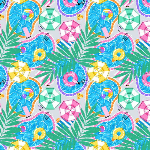 Pool scenic light blue grey fabric with umbrellas palm leaves floaties for kids' quilts and summer patchwork sewing projects
