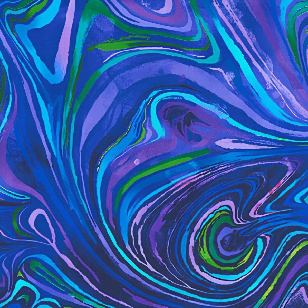 Abstract marbled swirl cobalt blue purple turquoise lime green black all-over pattern digital print fabric for bargello quilts fussy cutting cushions tote bags and jacket linings