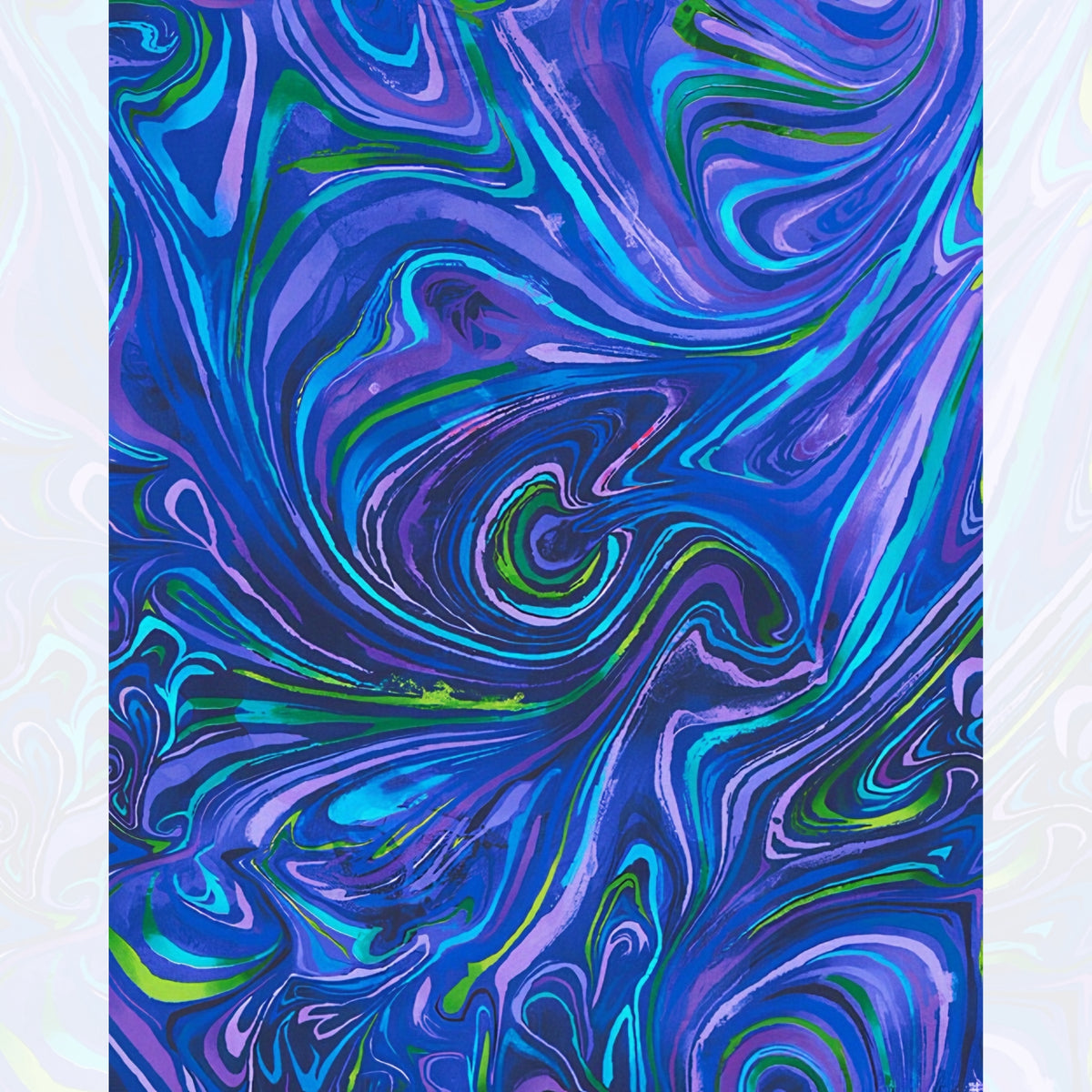 Wild marbled swirl cobalt blue purple turquoise lime green black all-over pattern digital print fabric for bargello quilts fussy cutting cushions tote bags and jacket linings
