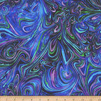 Abstract marbled swirl cobalt blue purple turquoise lime green black all-over pattern digital print fabric for bargello quilts fussy cutting cushions tote bags and jacket linings