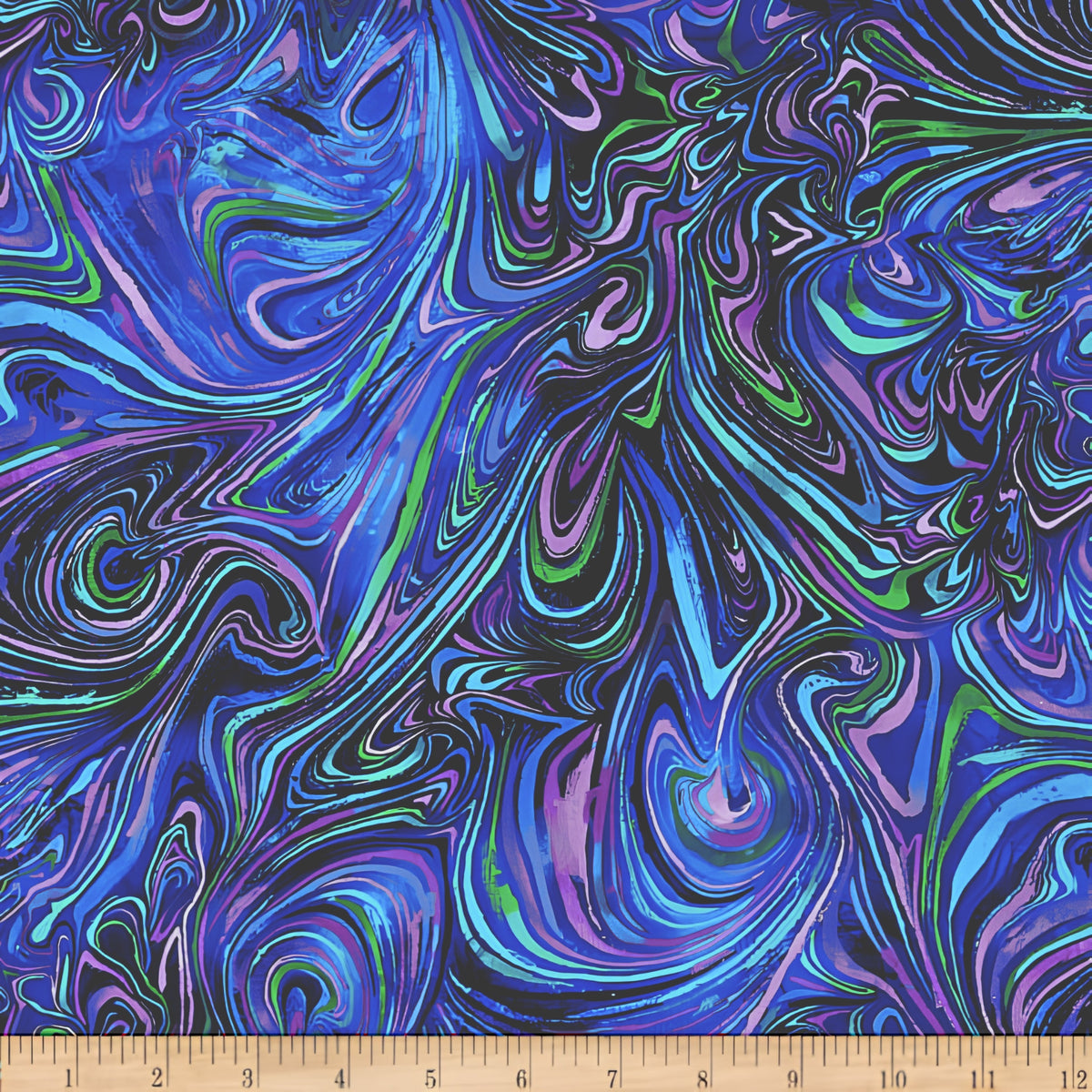 Abstract marbled swirl cobalt blue purple turquoise lime green black all-over pattern digital print fabric for bargello quilts fussy cutting cushions tote bags and jacket linings