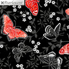 Red pearlescent butterflies grey foliage black background butterfly quilting fabric for elegant quilts cushion covers and tote bags