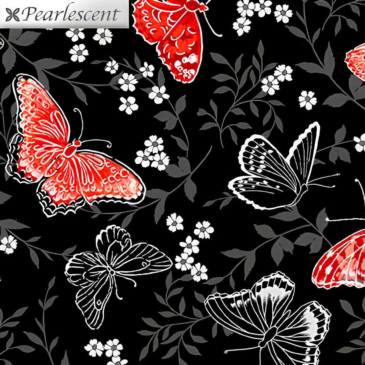 Red pearlescent butterflies grey foliage black background butterfly quilting fabric for elegant quilts cushion covers and tote bags