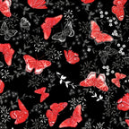 Red pearlescent butterflies grey foliage black background butterfly quilting fabric for elegant quilts cushion covers and tote bags