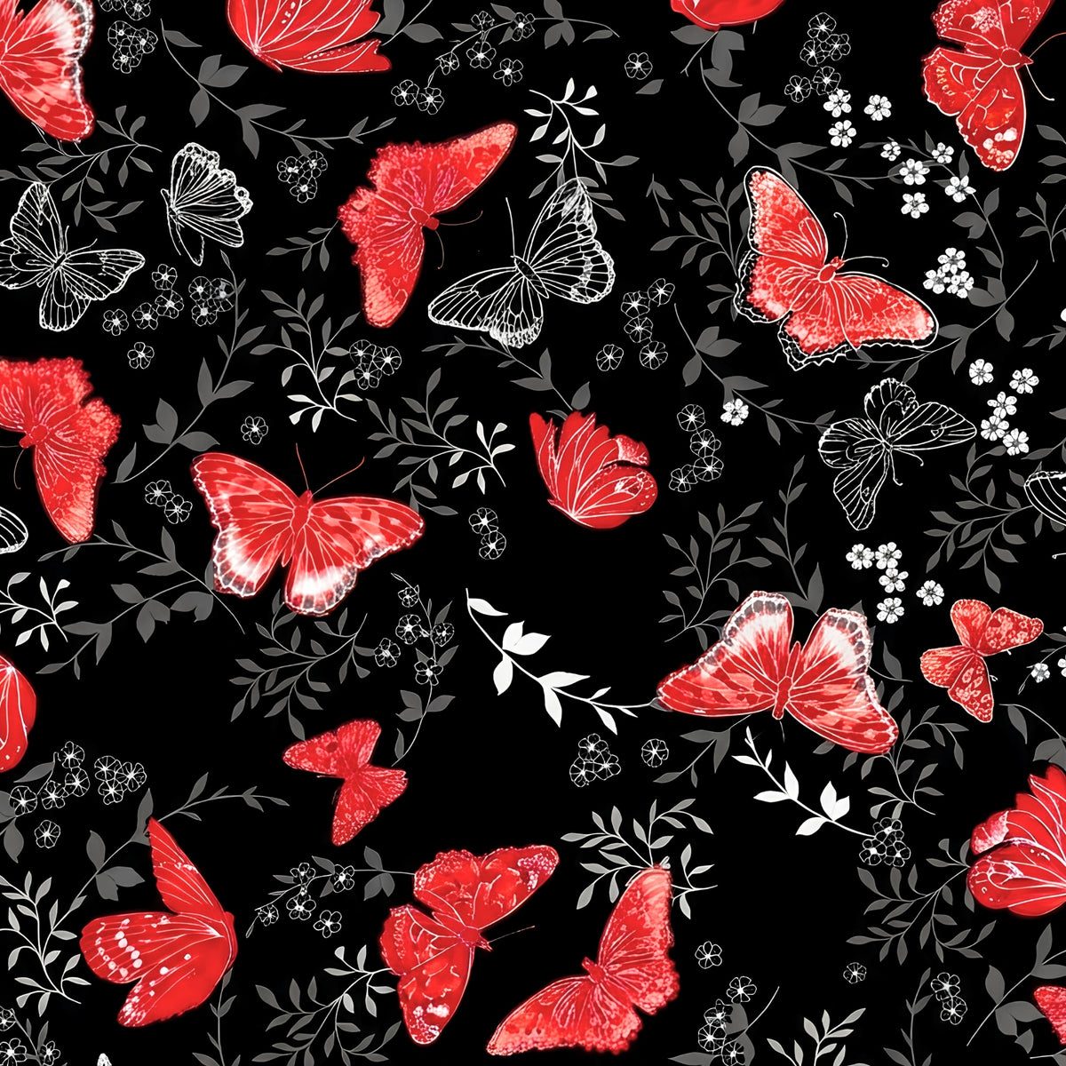 Red pearlescent butterflies grey foliage black background butterfly quilting fabric for elegant quilts cushion covers and tote bags