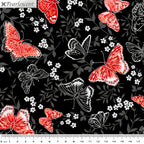 Red pearlescent butterflies grey foliage black background butterfly quilting fabric for elegant quilts cushion covers and tote bags