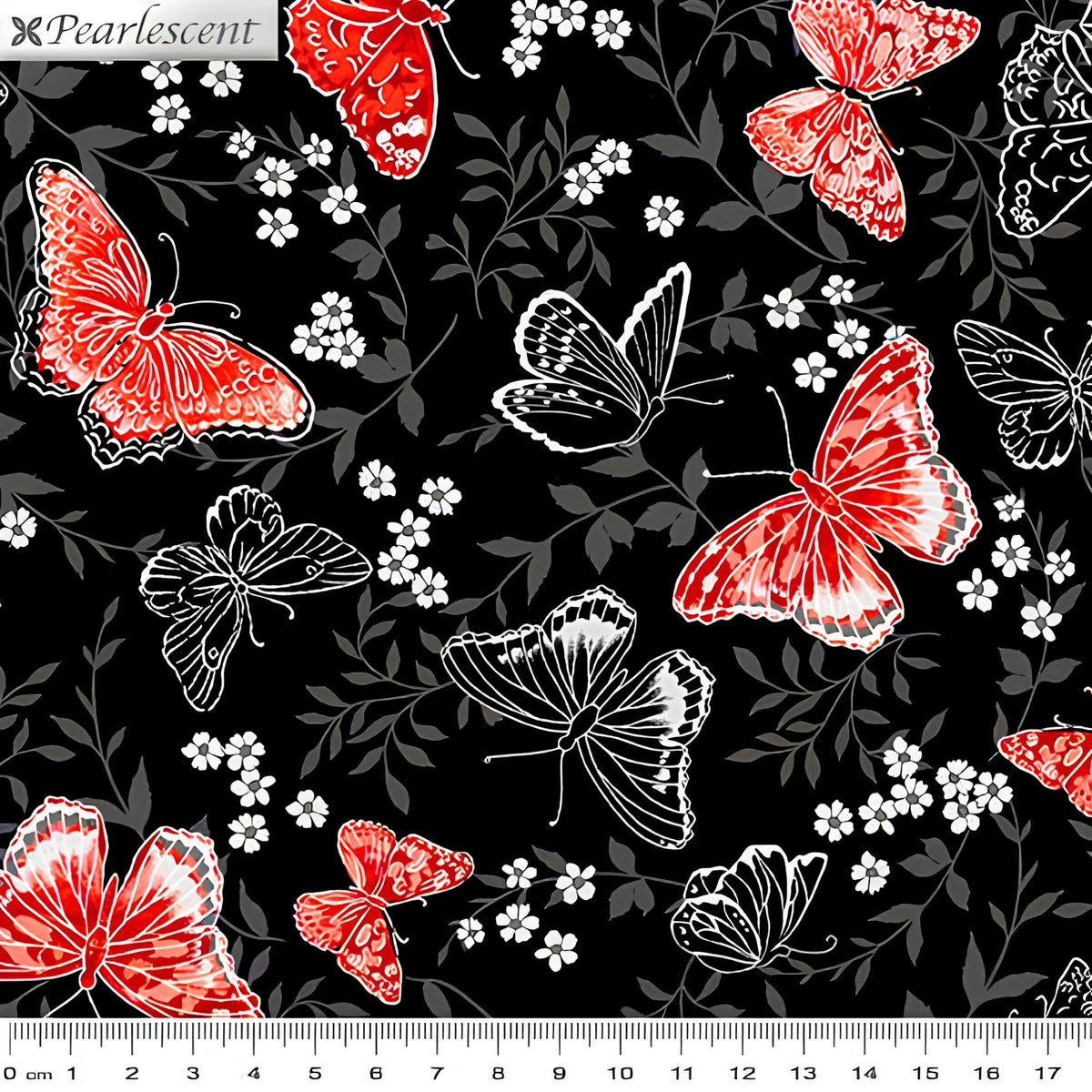 Red pearlescent butterflies grey foliage black background butterfly quilting fabric for elegant quilts cushion covers and tote bags