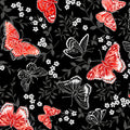 Red pearlescent butterflies grey foliage black background butterfly quilting fabric for elegant quilts cushion covers and tote bags