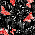 Red pearlescent butterflies grey foliage black background butterfly quilting fabric for elegant quilts cushion covers and tote bags