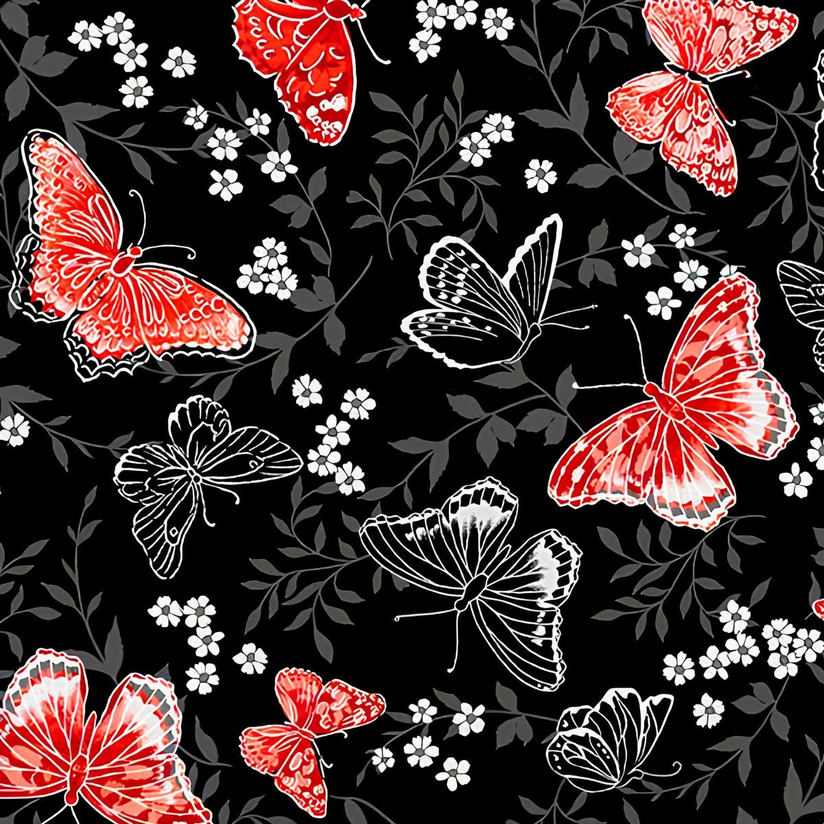 Red pearlescent butterflies grey foliage black background butterfly quilting fabric for elegant quilts cushion covers and tote bags