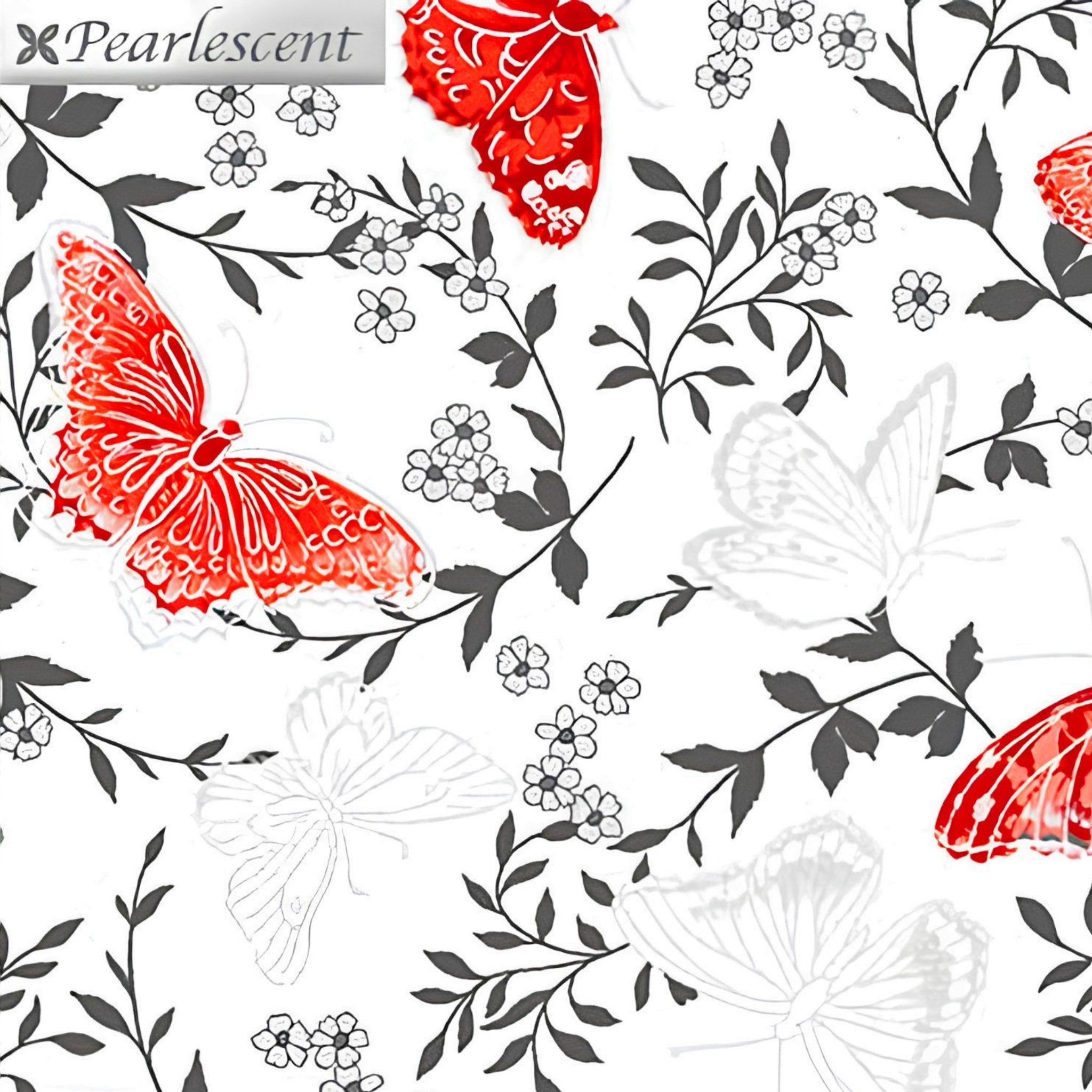 Red pearlescent butterflies charcoal foliage white background butterfly quilting fabric for elegant quilts cushion covers and tote bags