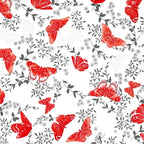 Red pearlescent butterflies charcoal foliage white background butterfly quilting fabric for elegant quilts cushion covers and tote bags