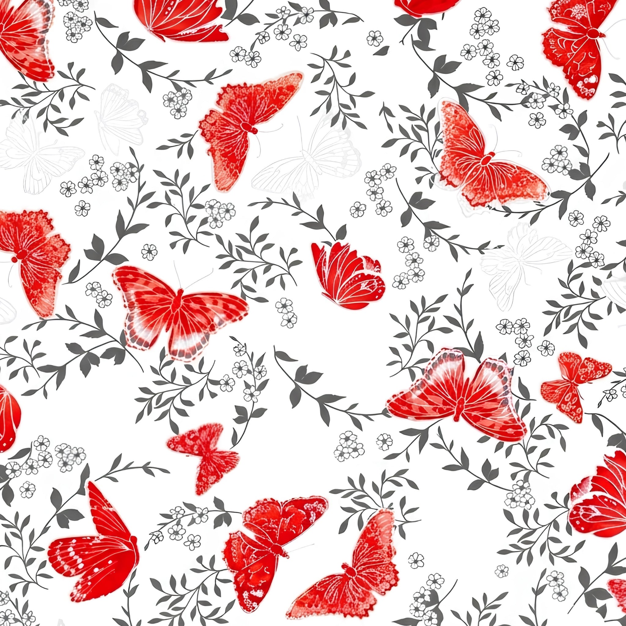 Red pearlescent butterflies charcoal foliage white background butterfly quilting fabric for elegant quilts cushion covers and tote bags
