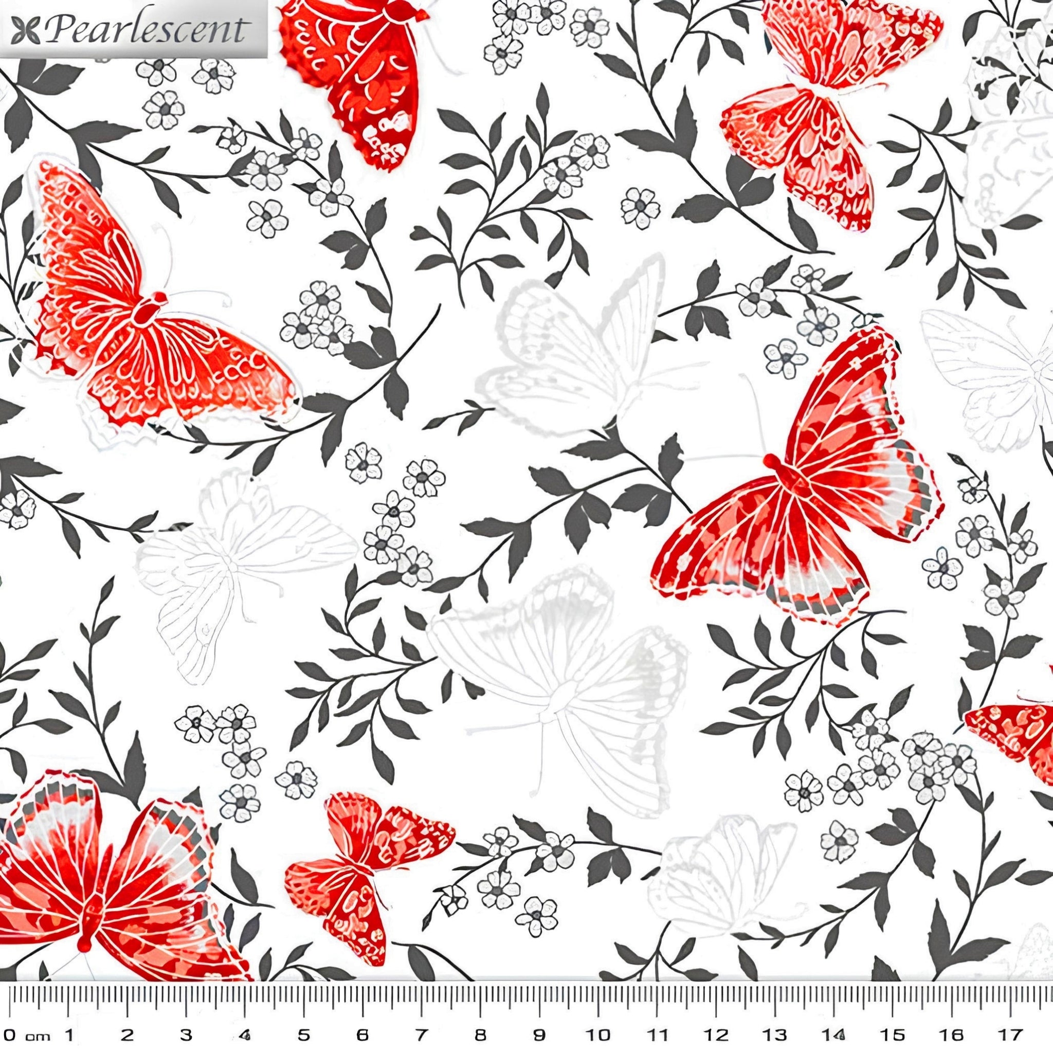 Red pearlescent butterflies charcoal foliage white background butterfly quilting fabric for elegant quilts cushion covers and tote bags