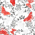 Red pearlescent butterflies charcoal foliage white background butterfly quilting fabric for elegant quilts cushion covers and tote bags