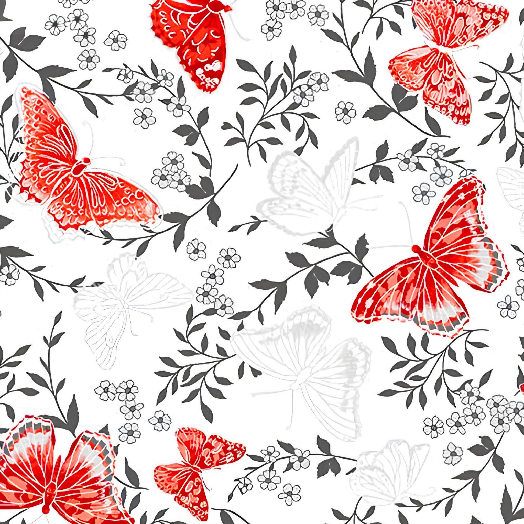 Red pearlescent butterflies charcoal foliage white background butterfly quilting fabric for elegant quilts cushion covers and tote bags