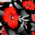 Oversized red poppy large floral black background pearlescent butterflies quilting fabric for ANZAC Day quilts and cushion covers