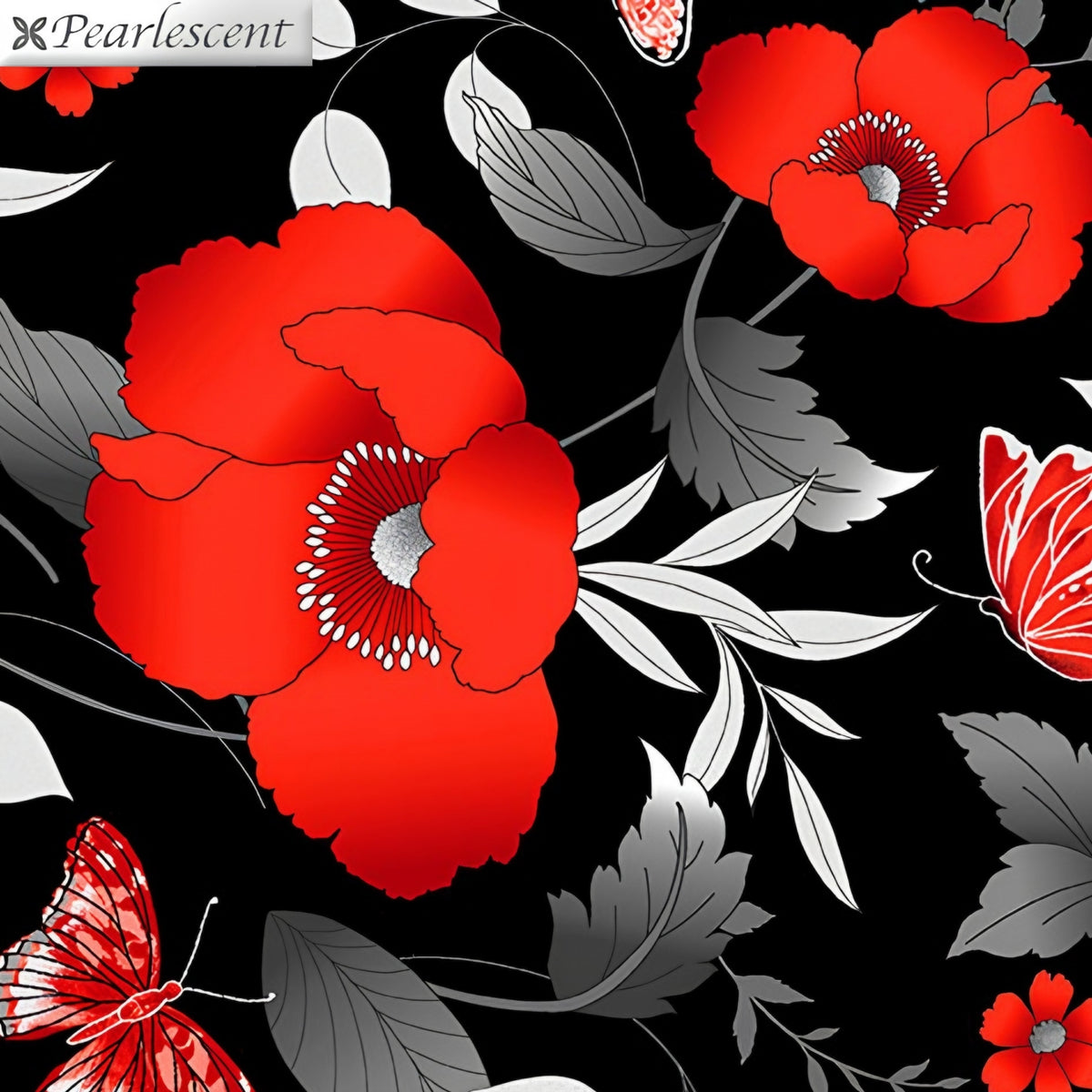 Oversized red poppy large floral black background pearlescent butterflies quilting fabric for ANZAC Day quilts and cushion covers