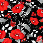 Oversized red poppy large floral black background pearlescent butterflies quilting fabric for ANZAC Day quilts and cushion covers