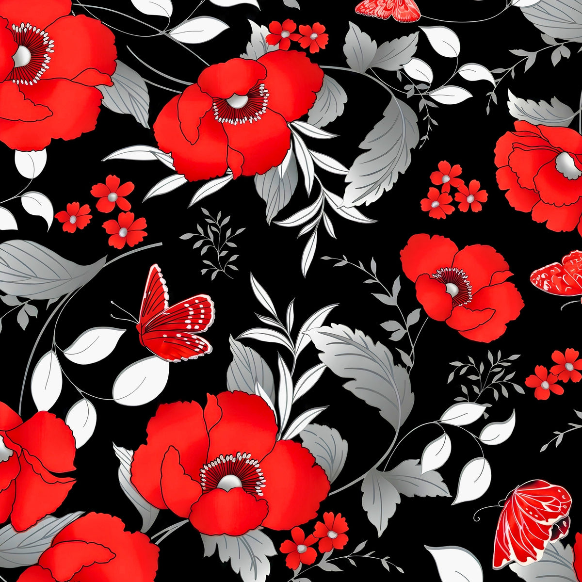 Oversized red poppy large floral black background pearlescent butterflies quilting fabric for ANZAC Day quilts and cushion covers