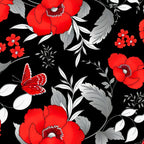 Oversized red poppy large floral black background pearlescent butterflies quilting fabric for ANZAC Day quilts and cushion covers
