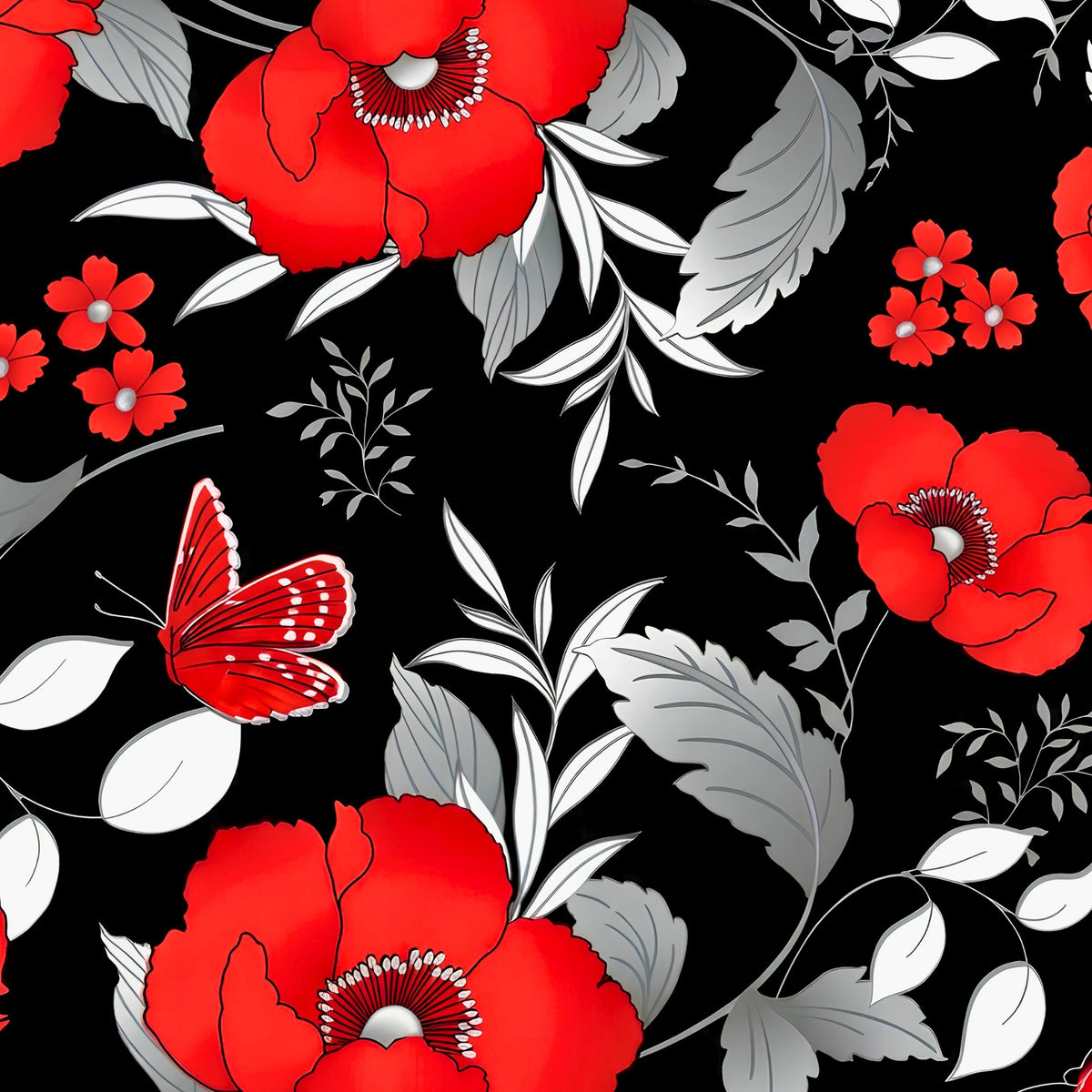 Oversized red poppy large floral black background pearlescent butterflies quilting fabric for ANZAC Day quilts and cushion covers