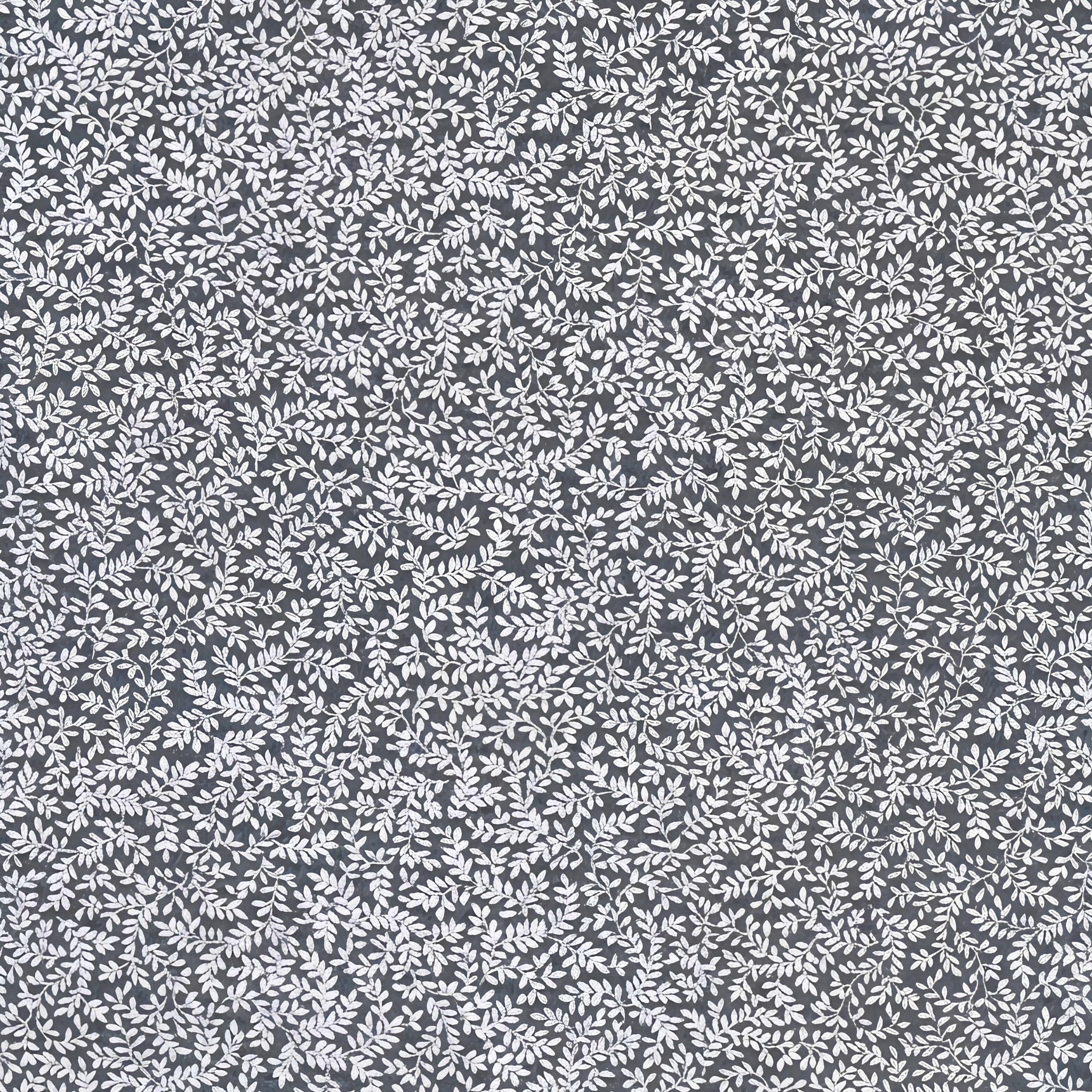 Silver pearlescent fern sprig blender charcoal grey background quilting fabric for quilts cushions and table linen
