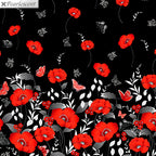 Red poppy floral border print black background pearlescent butterflies quilting fabric for elegant quilts and cushion covers