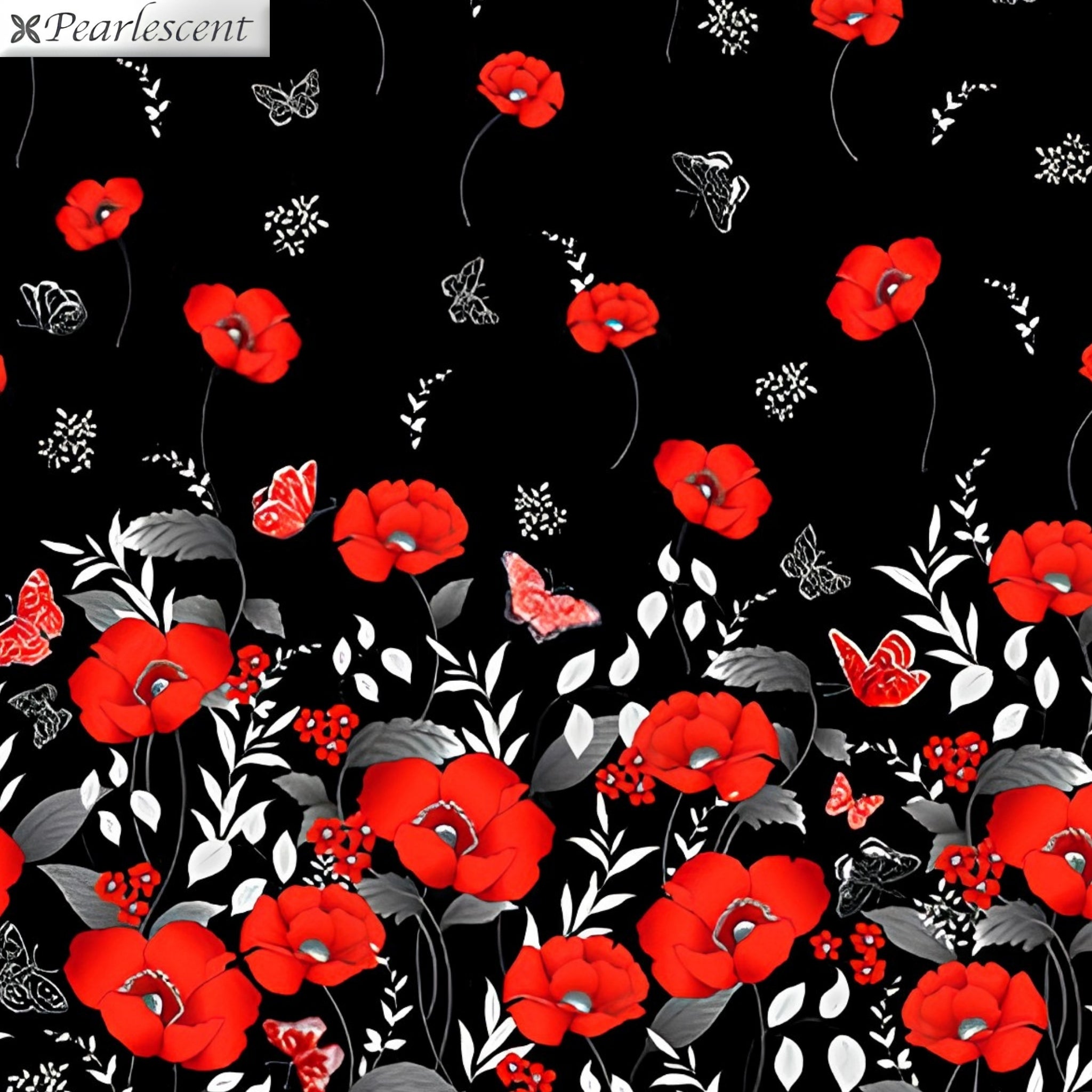 Red poppy floral border print black background pearlescent butterflies quilting fabric for elegant quilts and cushion covers