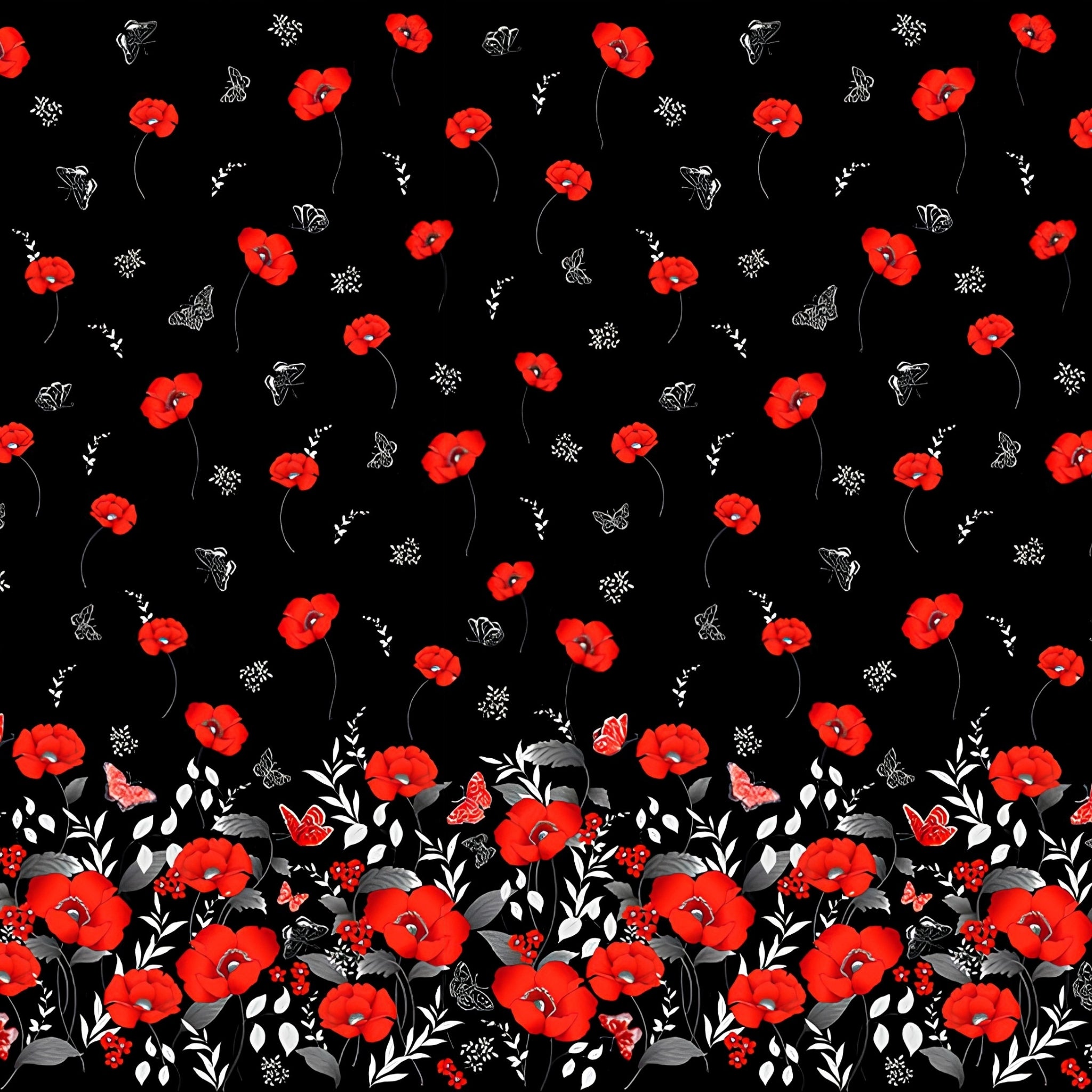 Red poppy floral border print black background pearlescent butterflies quilting fabric for elegant quilts and cushion covers