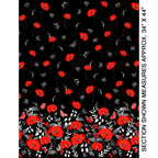 Red poppy floral border print black background pearlescent butterflies quilting fabric for elegant quilts and cushion covers