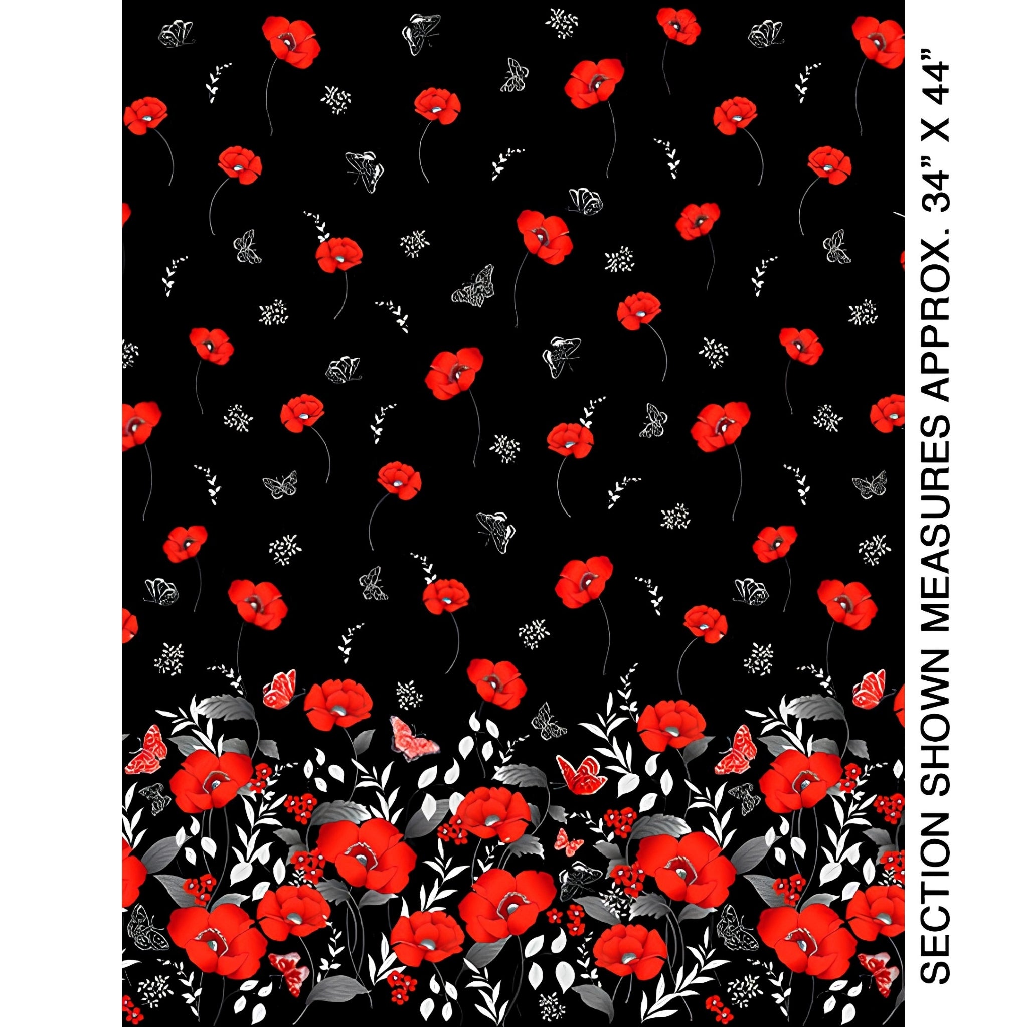 Red poppy floral border print black background pearlescent butterflies quilting fabric for elegant quilts and cushion covers